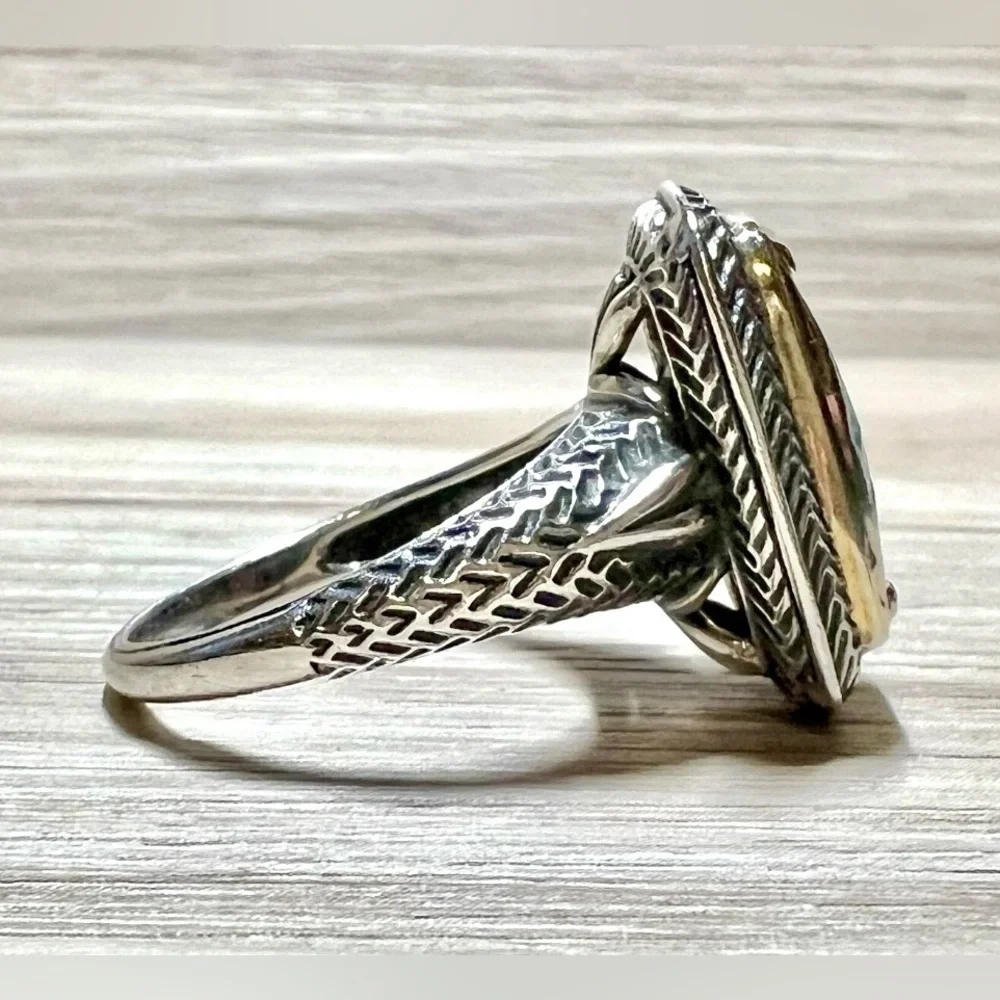 Vintage Designer Sterling Silver & Gold Brown Faceted Quartz Ring, Size 10